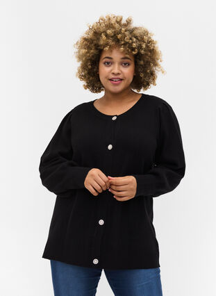 Knitted cardigan with puffy sleeves, Black, Model image number 0