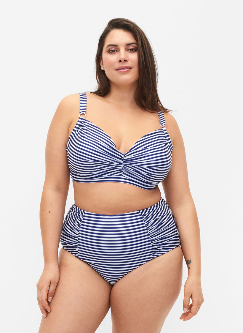 Striped bikini bottom with high waist, Blue, Model image number 0