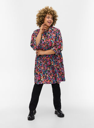 Floral tunic with long sleeves and zip details, Flower AOP, Model image number 2