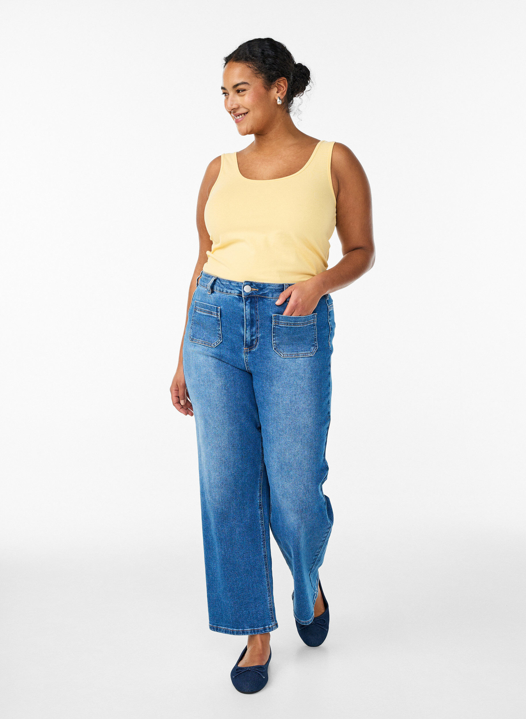 ZizzifashionSolid color basic top in cotton, Yellow, Model image number 1