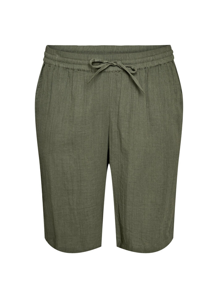 Loose cotton muslin shorts with a high waist, Green, Packshot image number 0