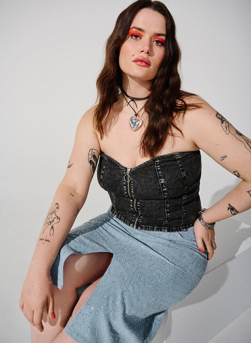 Denim skirt with slit and sequins, Light Blue Denim, Image image number 0