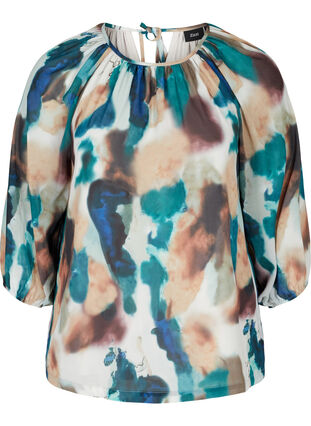 Printed blouse with 3/4 sleeves and tie detail, Reflecting Pond, Packshot image number 0