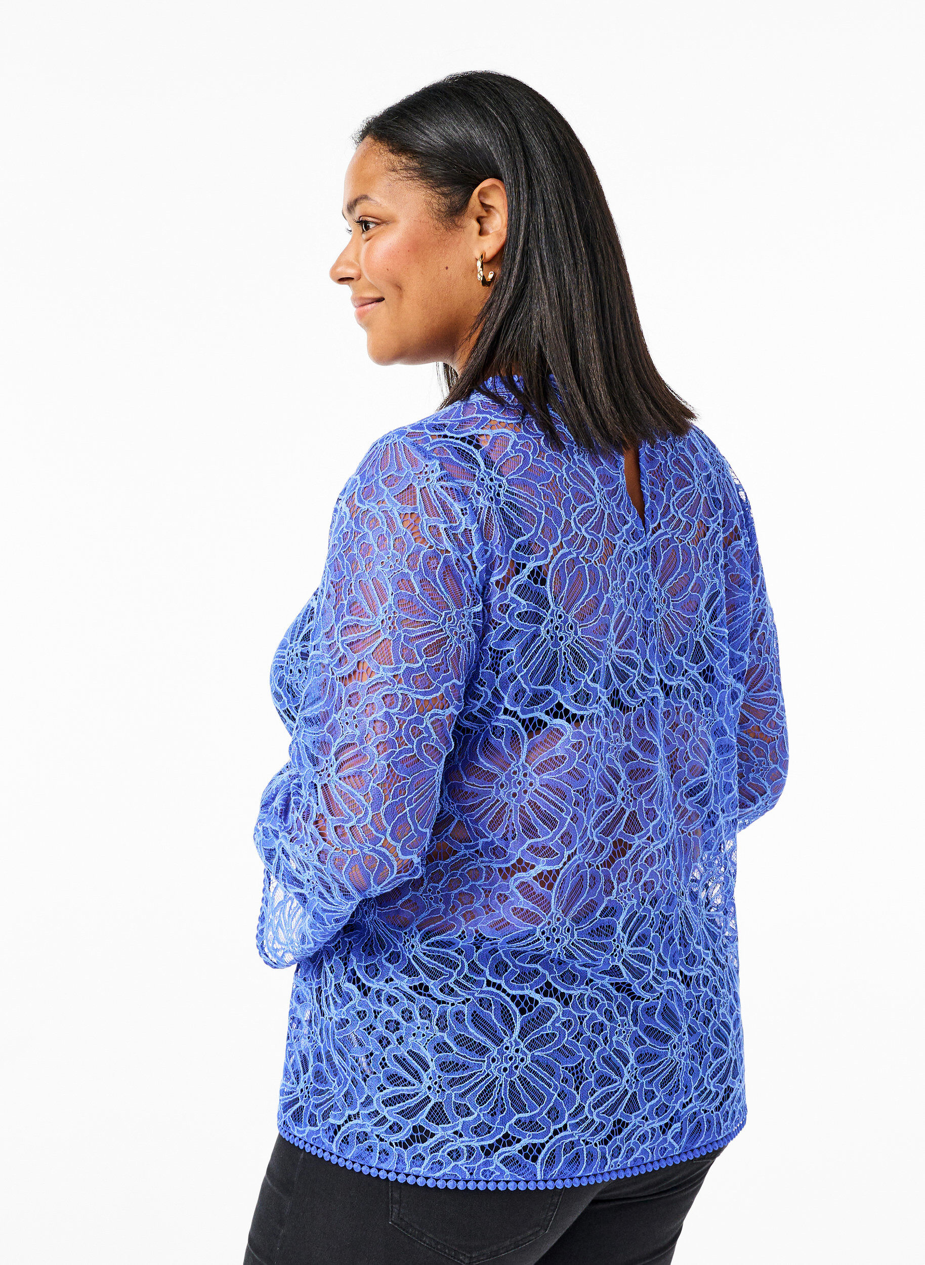 Zizzifashion Lace blouse with round neck and long sleeves, Blue, Model image number 2
