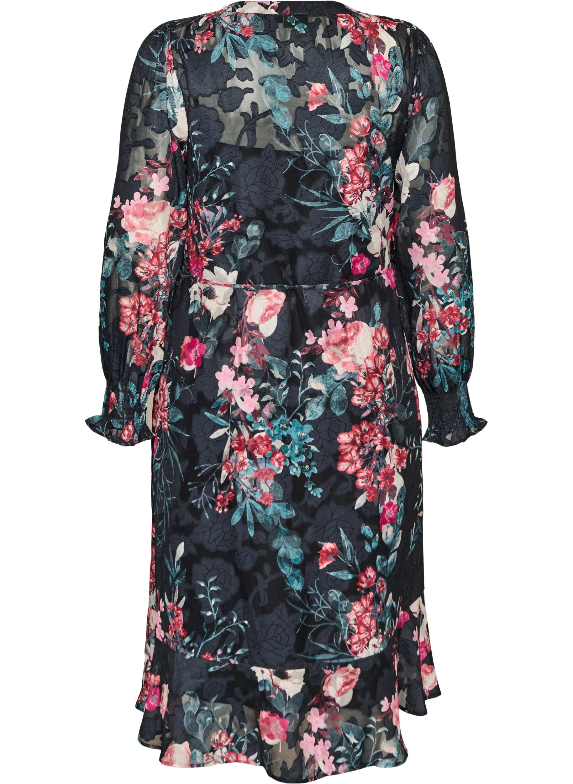 ZizzifashionFloral midi dress with woven texture and tie-belt, Black, Packshot image number 1