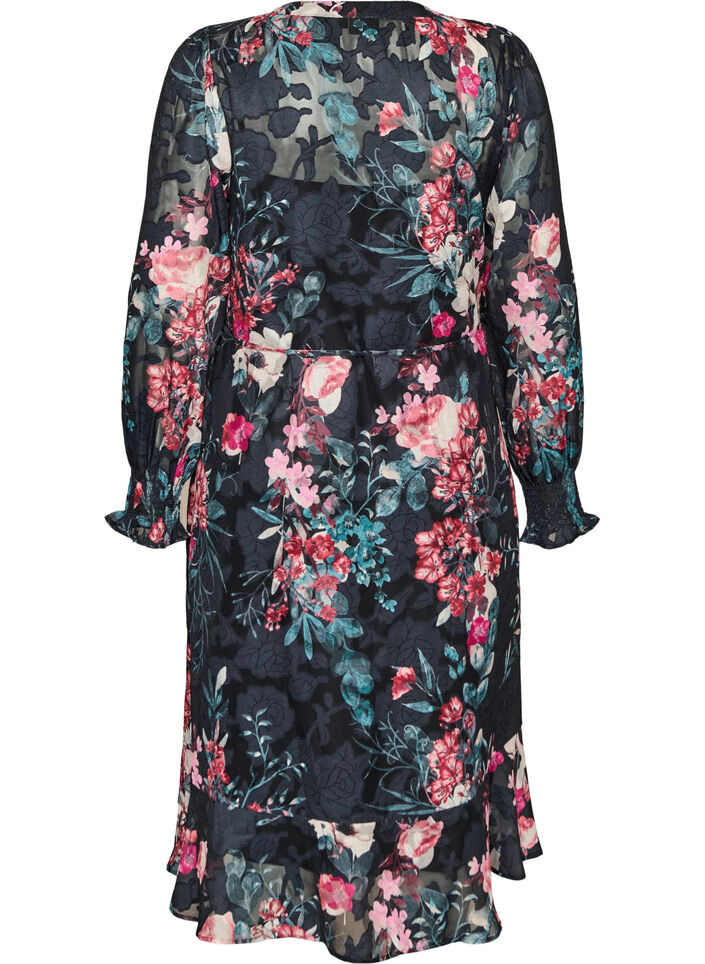 Floral midi dress with woven texture and tie-belt, Black, Packshot image number 1