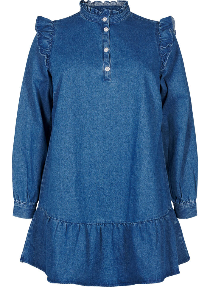 Denim dress with ruffles and A-cut, Blue Denim, Packshot image number 0