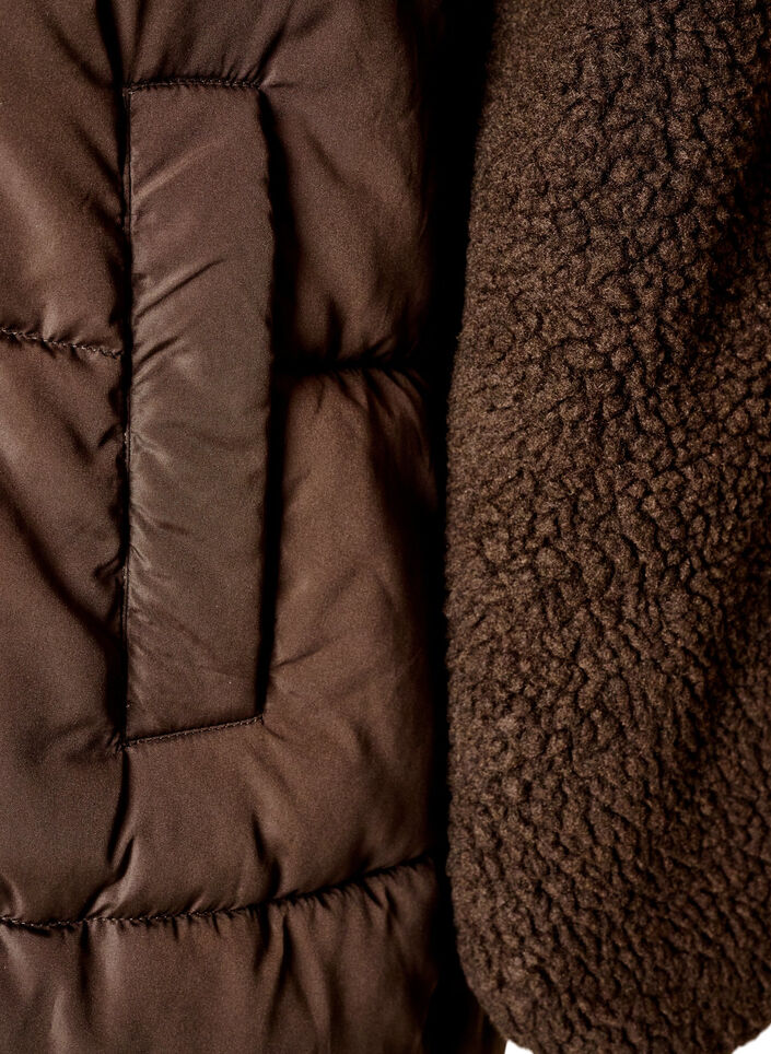 Mid-length puffer jacket with teddy fleece, Brown, Packshot image number 3