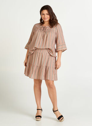 Striped blouse with 3/4 length sleeves and smocking, Rose Smoke stripe, Model image number 2