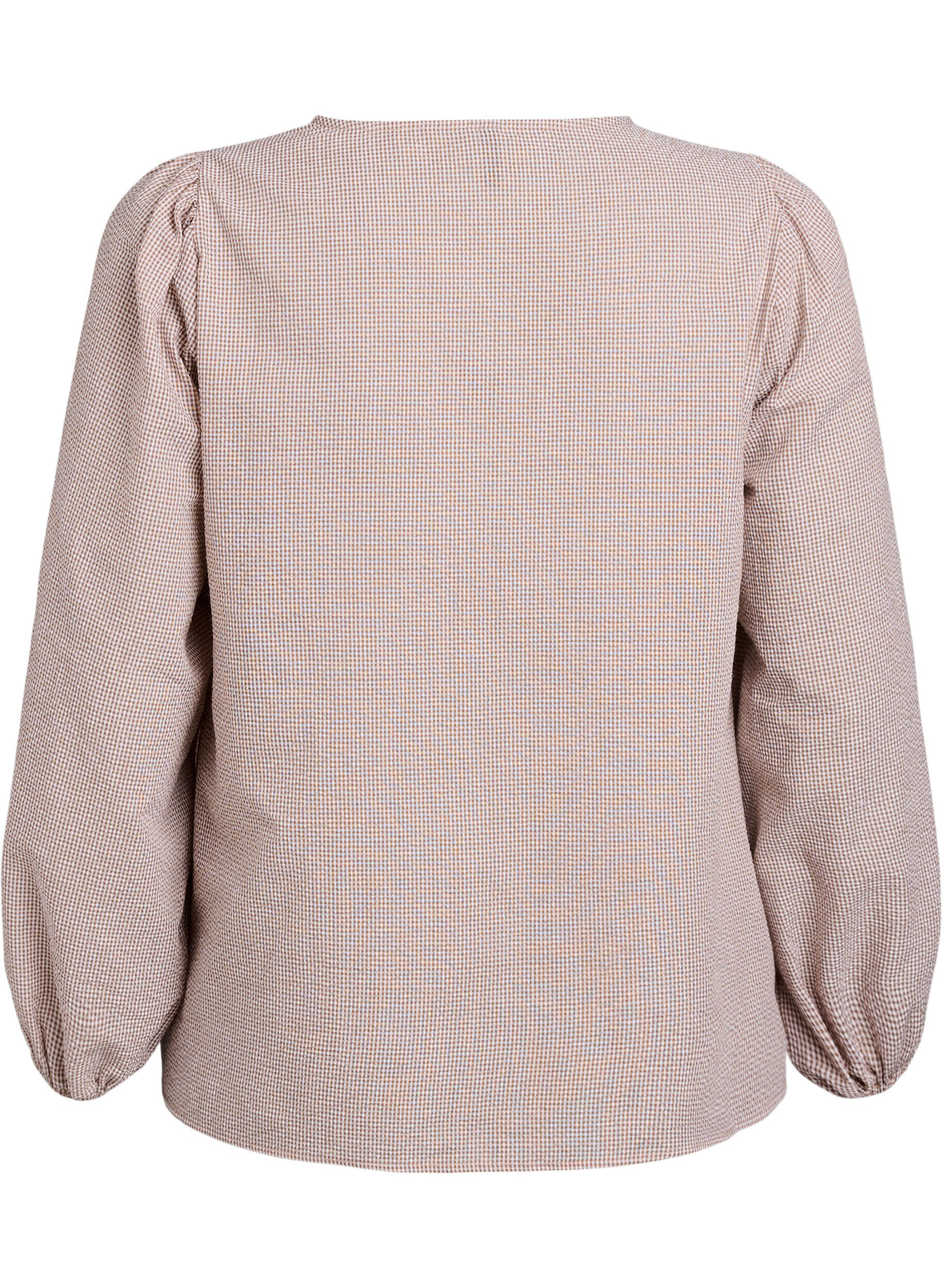 Zizzifashion Blouse with v-neck and small checks, Beige, Packshot image number 1