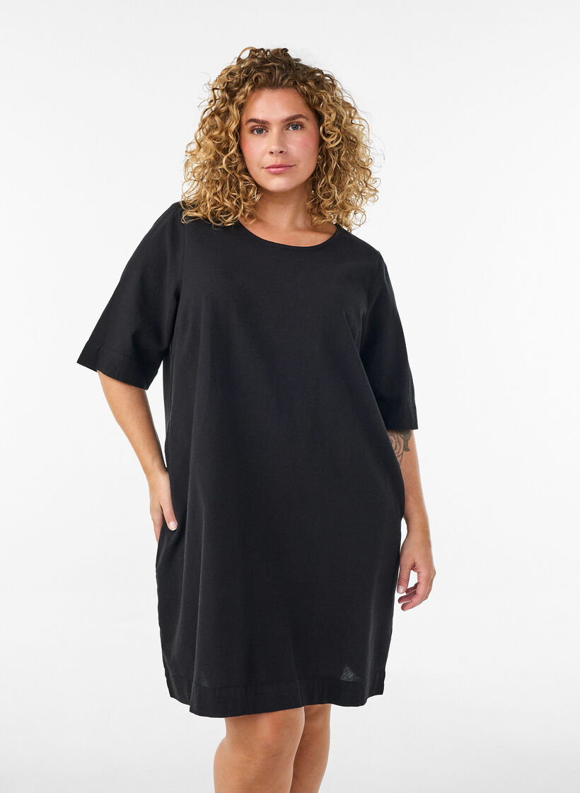 Cotton dress with short sleeves and pockets, Black, Model image number 0