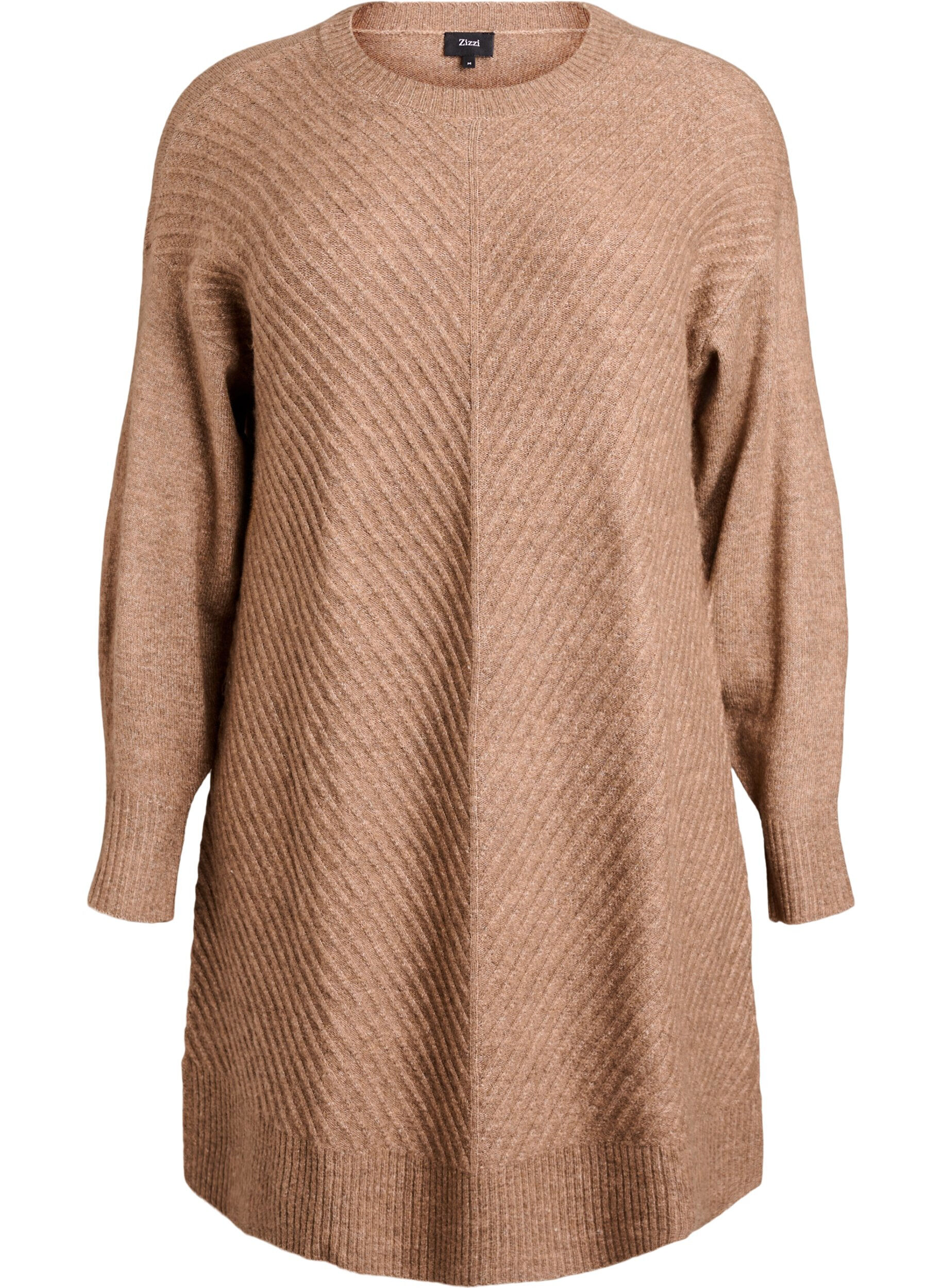 ZizzifashionShort knitted dress with a V-shaped textured pattern, Brown, Packshot image number 0