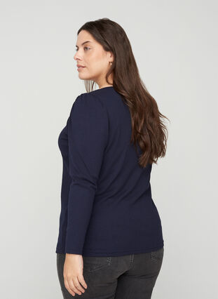 Long-sleeved ribbed blouse with a V-neck, Night Sky, Model image number 1