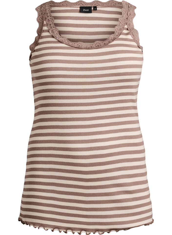 Striped top with a ribbed texture and a lace trim, Beige, Packshot image number 0