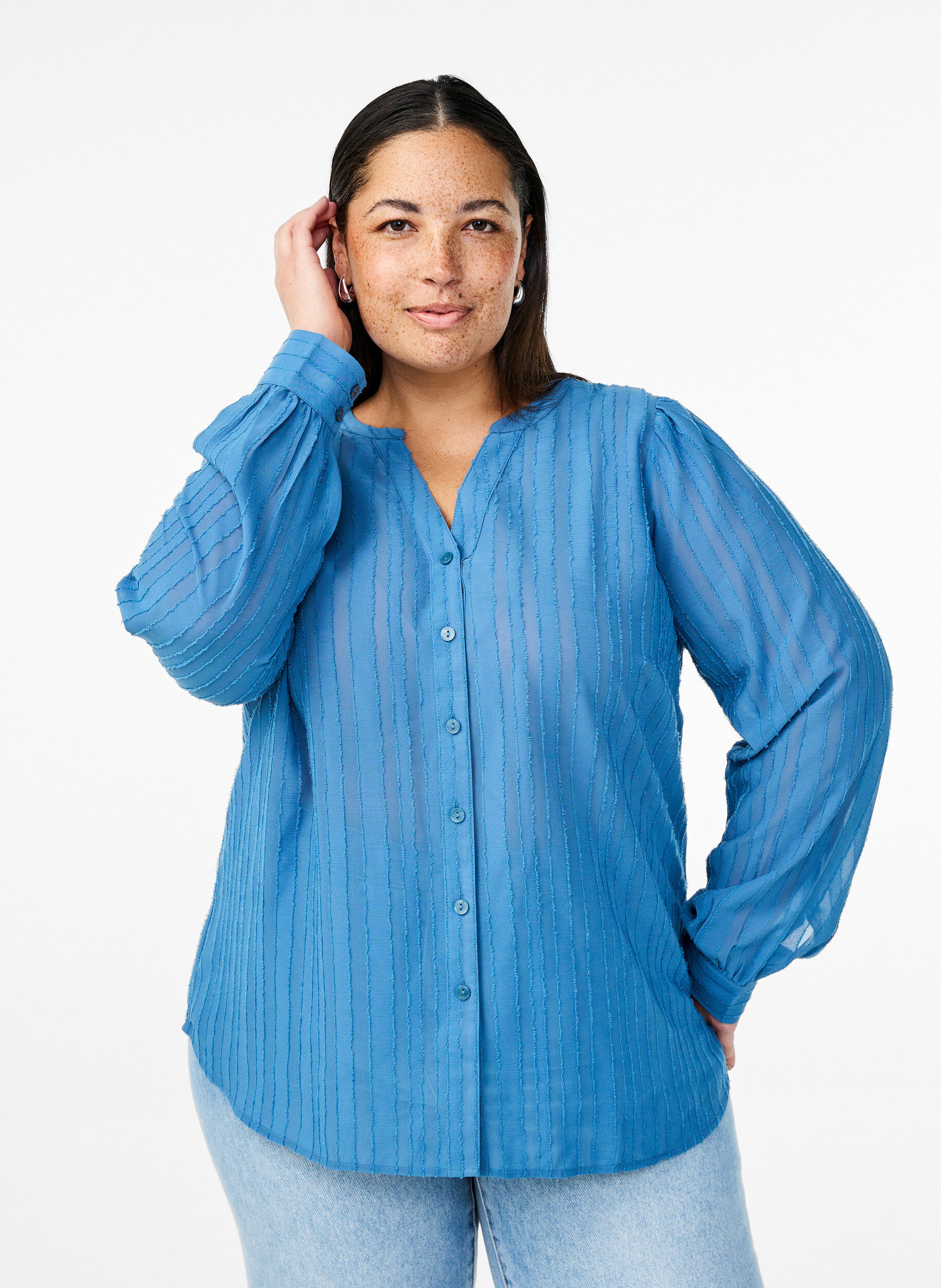 Striped shirt blouse with sheer stripes, Blue, Model