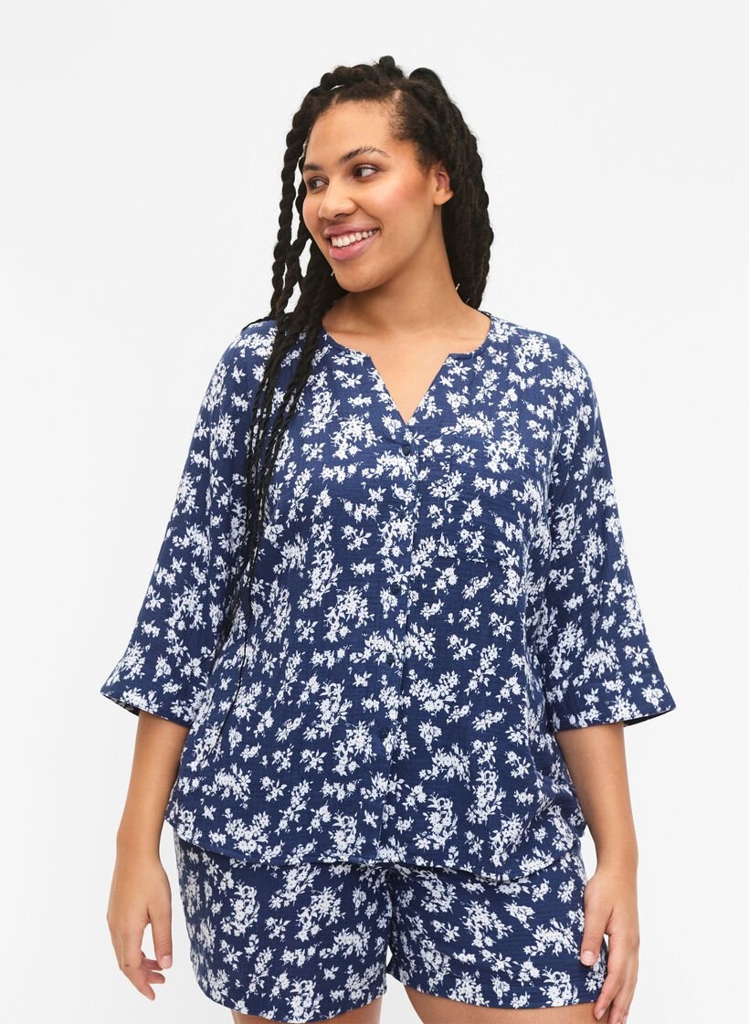 Floral nightshirt with 3/4 sleeves, V. Indigo Flower AOP, Model image number 0