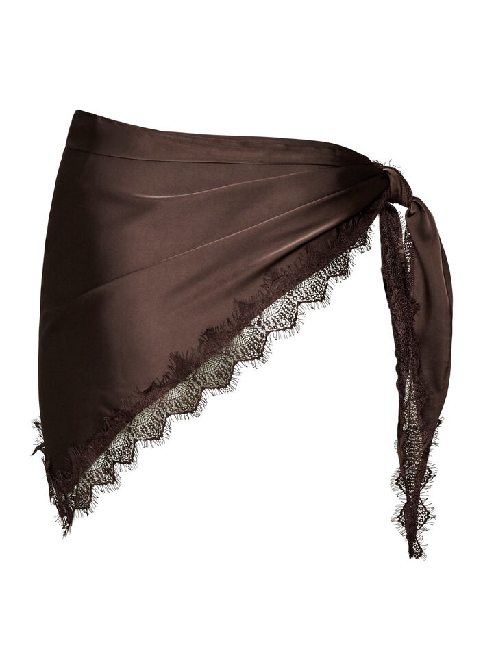 Satin scarf with lace hem, Brown, Packshot image number 1