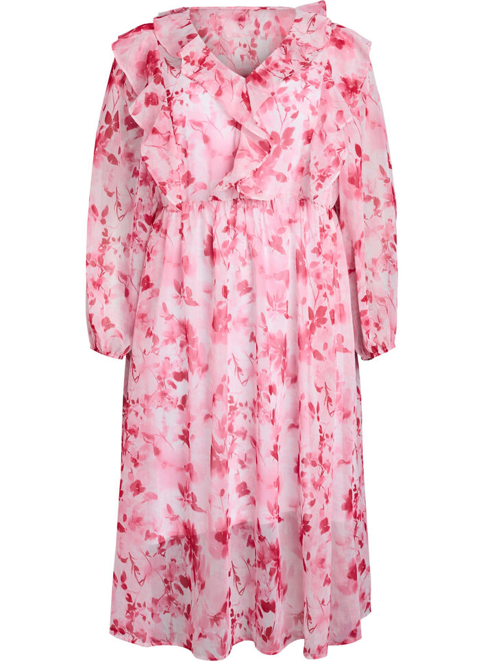 Floral chiffon dress with ruffles and long sleeves, Pink, Packshot image number 0