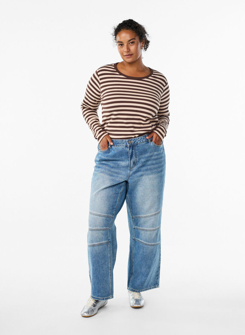 Striped blouse with long sleeves, Brown, Model image number 1