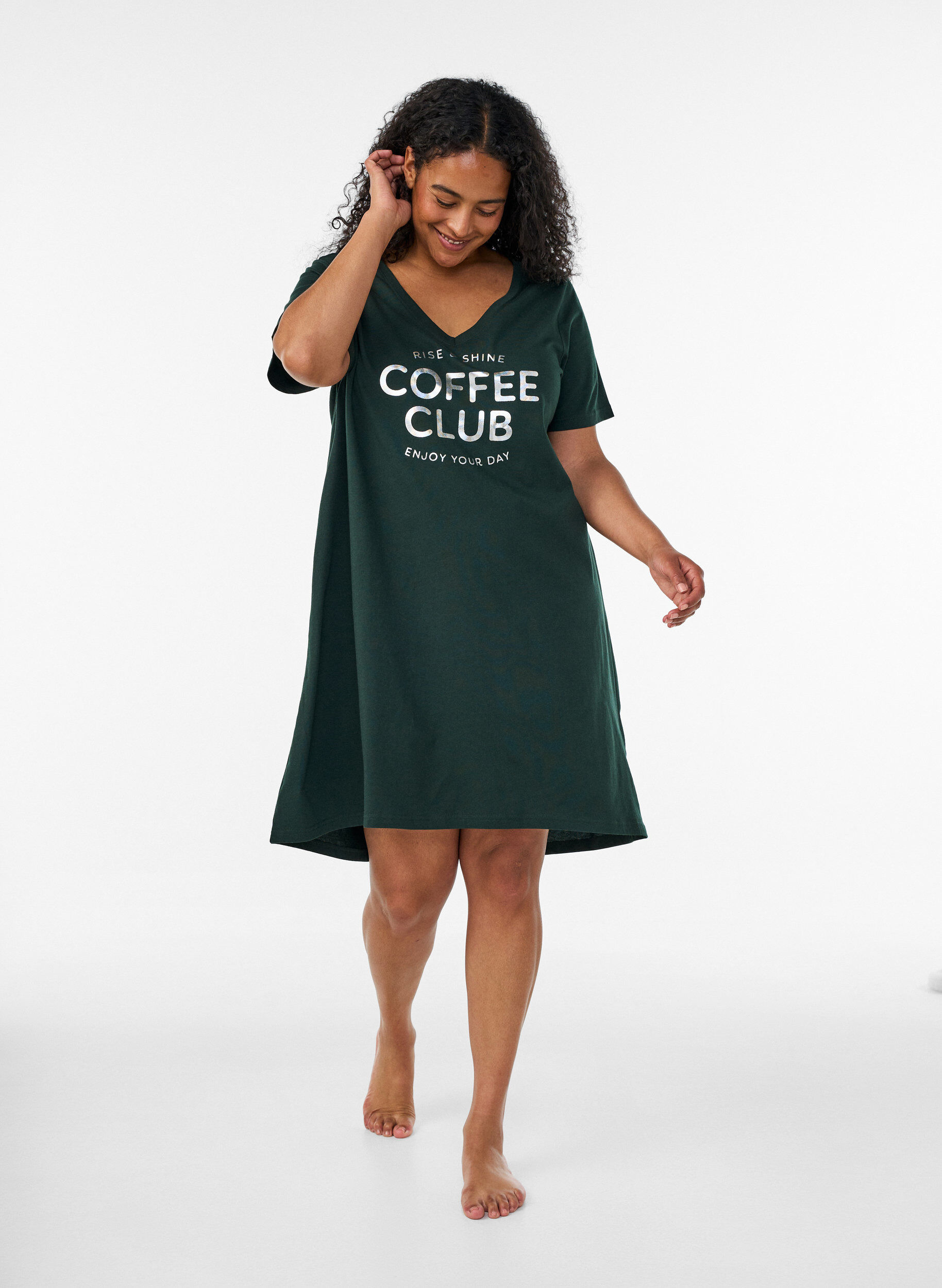 ZizzifashionOrganic cotton nightdress with V-neck, Green, Model image number 1