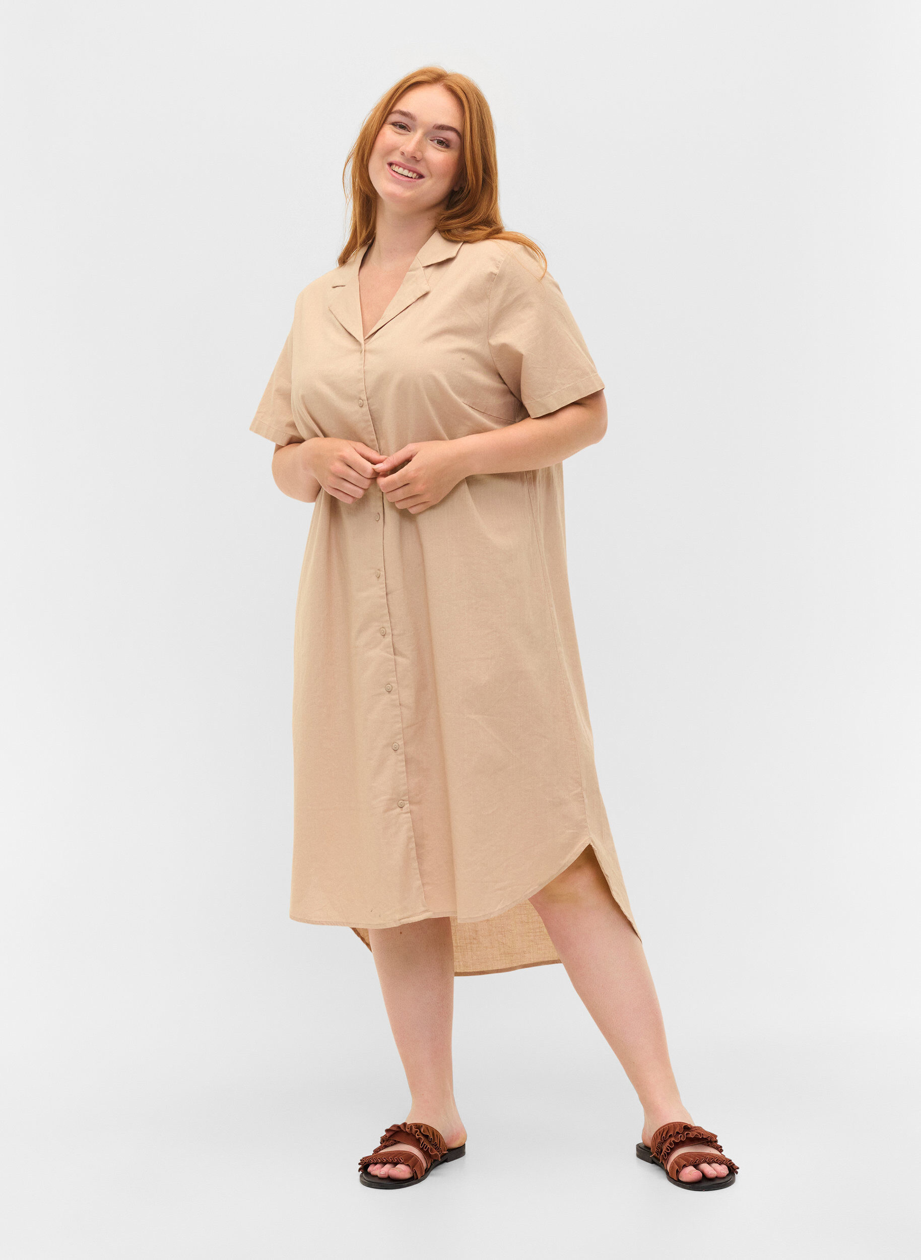 Zizzifashion Long cotton shirt with short sleeves, Humus, Model image number 2