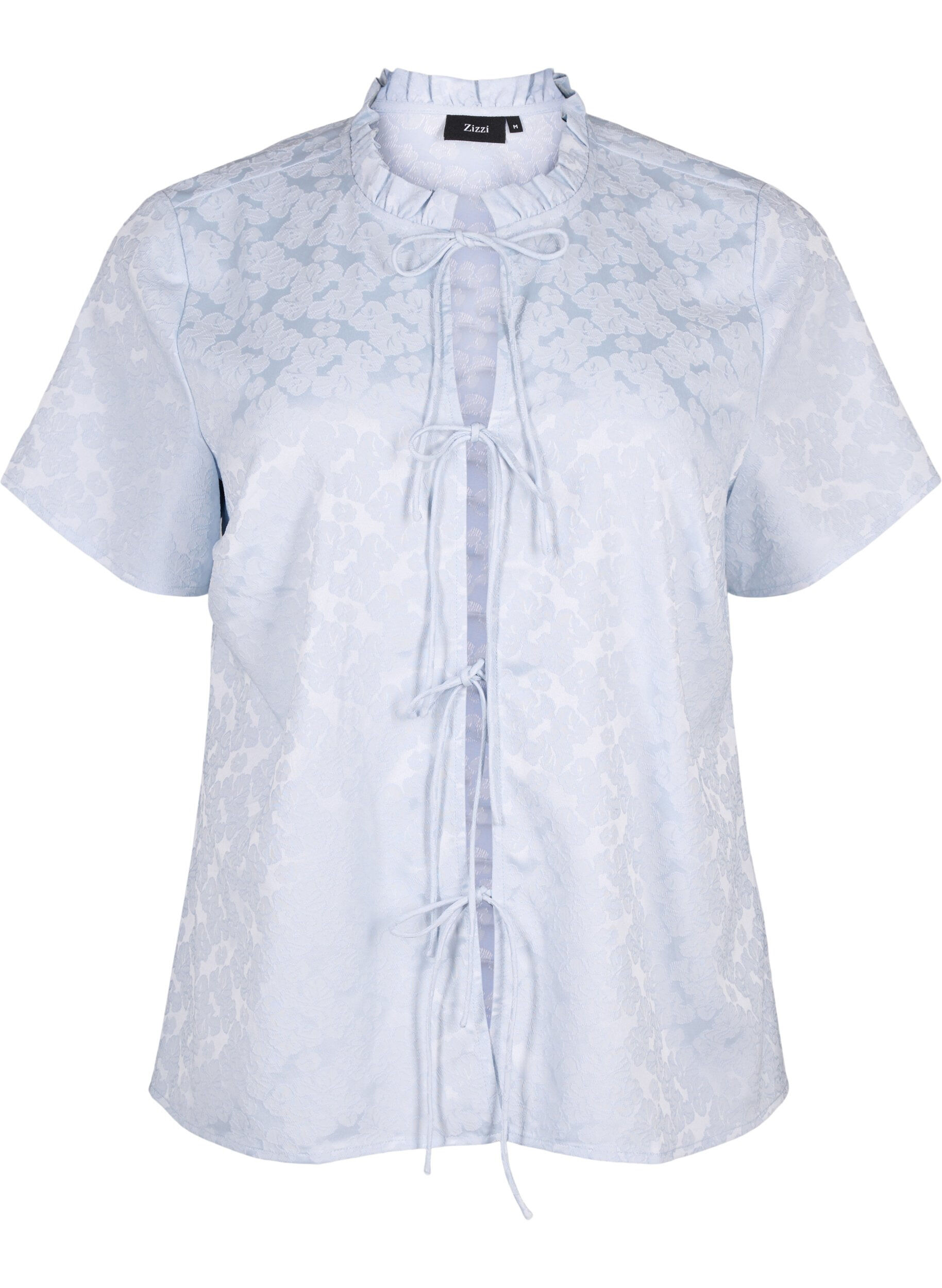 Zizzifashion Short-sleeved jacquard blouse with ties, Light Blue, Packshot image number 0