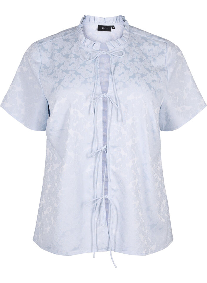 Short-sleeved jacquard blouse with ties, Light Blue, Packshot image number 0