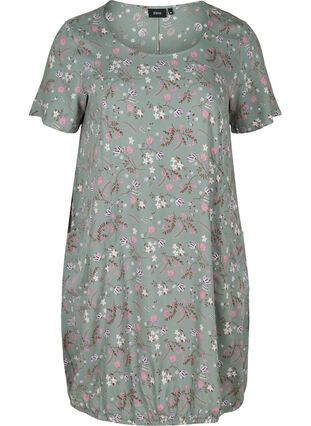 Short-sleeved viscose dress with print, Chinois Green Flower, Packshot image number 0