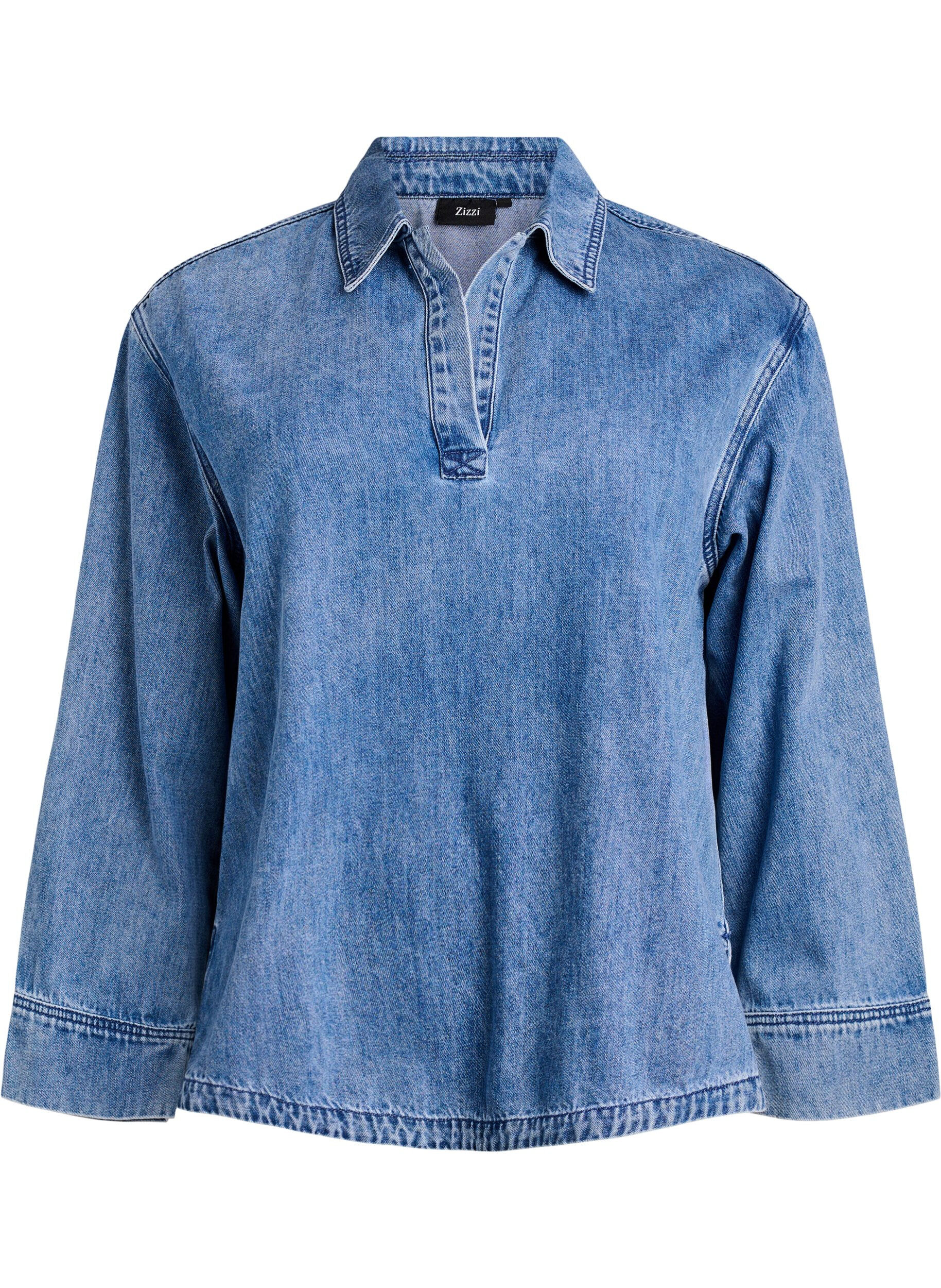 Loose denim blouse with collar and V-neck