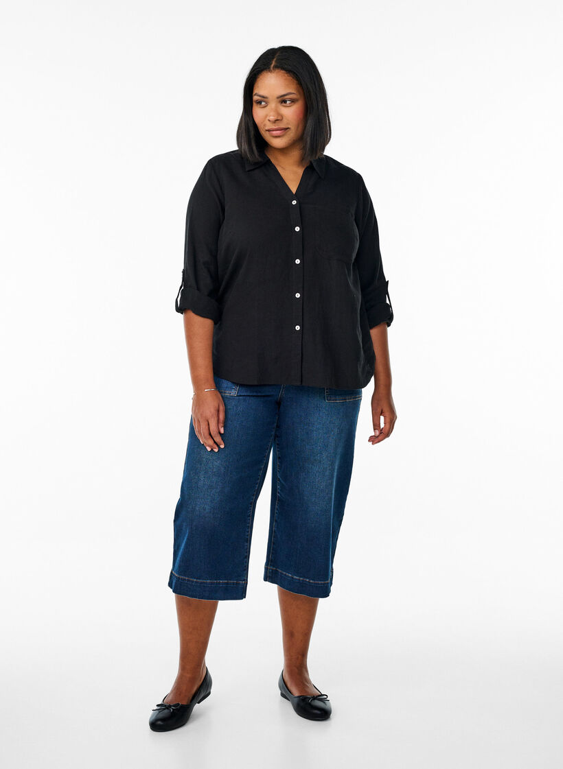 Shirt in linen and viscose with 3/4 sleeves, Black, Model image number 1