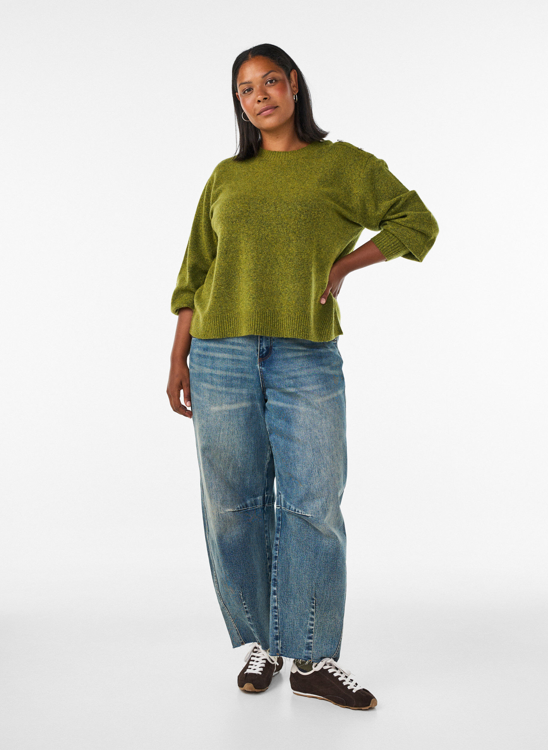 ZizzifashionKnit blouse with button detail, Green, Model image number 1