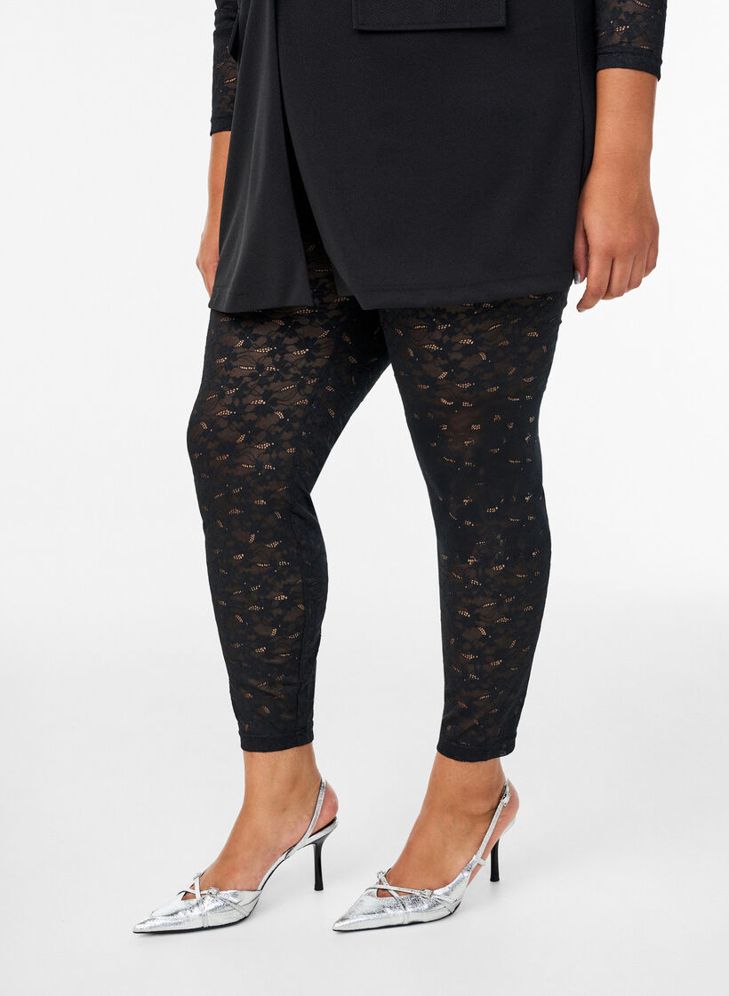 Lace leggings with a high waist, Black, Model image number 2