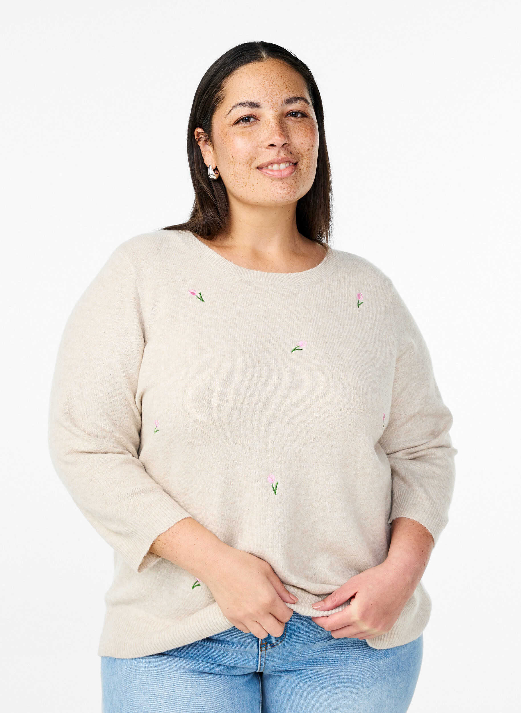 Zizzifashion Knitted blouse with flowers and 3/4 sleeves, Pumice Stone Mel., Model image number 0