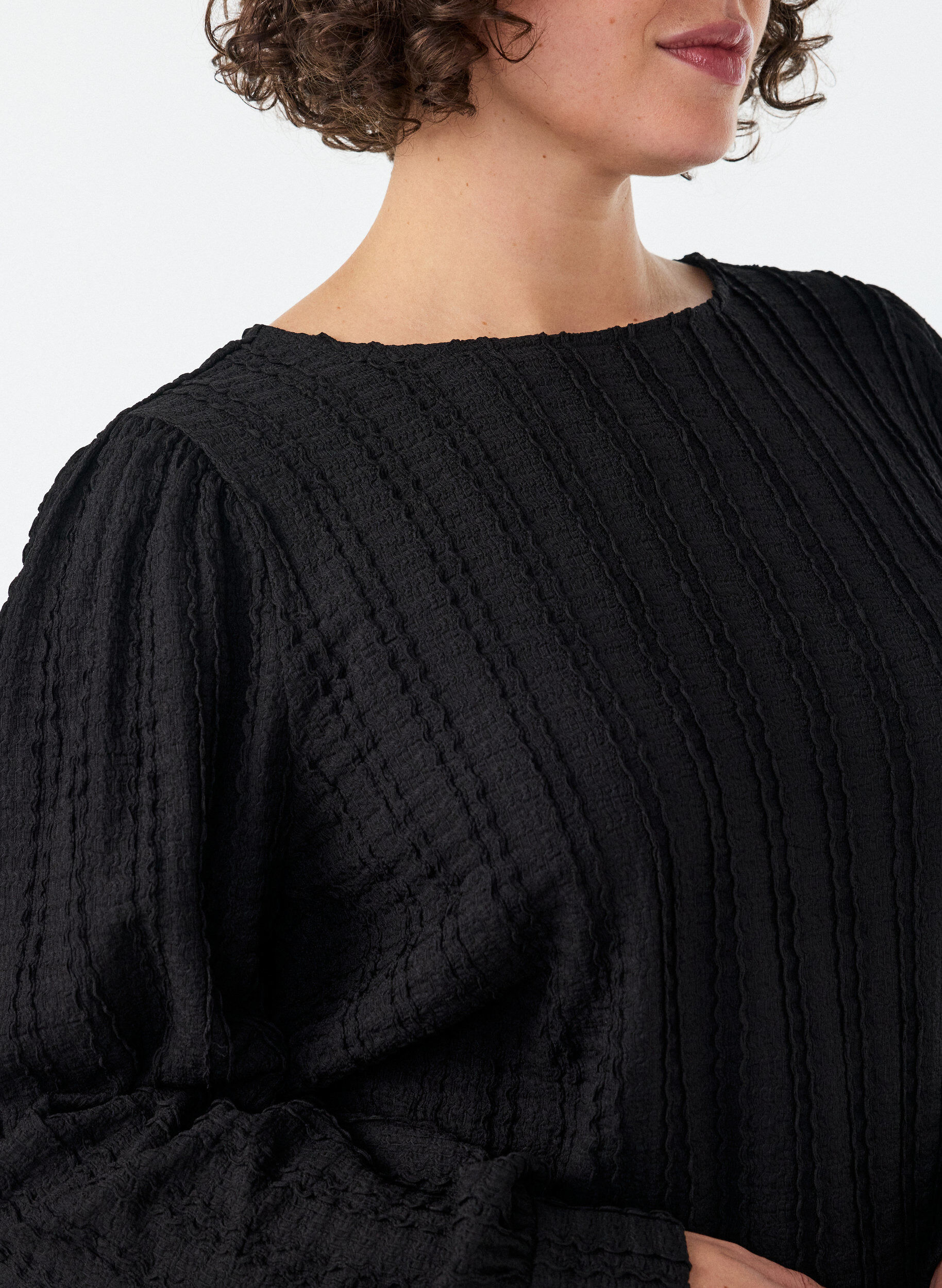 ZizzifashionTextured jersey blouse with a balloon silhouette, Black, Model image number 3