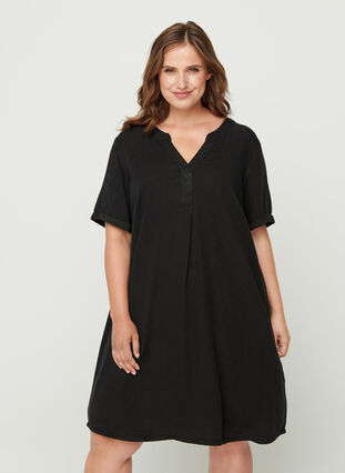 Short-sleeved lyocell dress, Black, Model image number 0