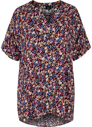 Short-sleeved viscose tunic with print,  Purple Multi Flower, Packshot image number 0