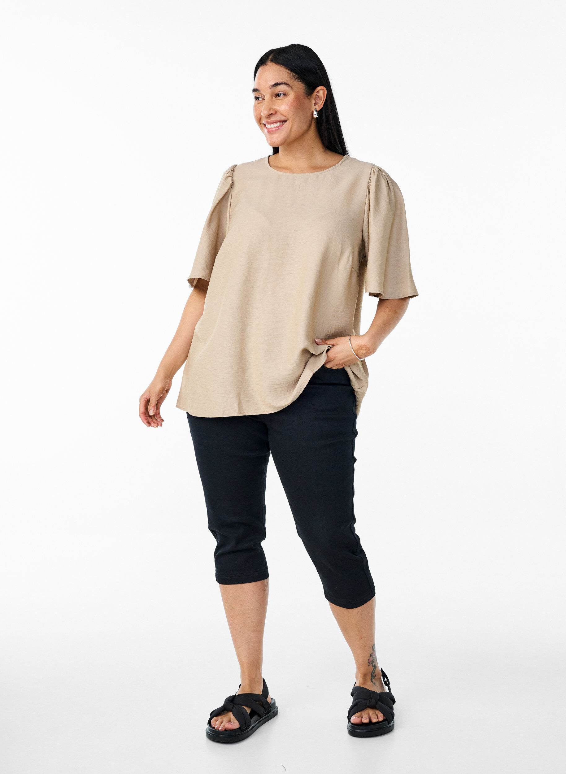 Zizzifashion Blouse with short, wide sleeves, Beige, Model image number 1