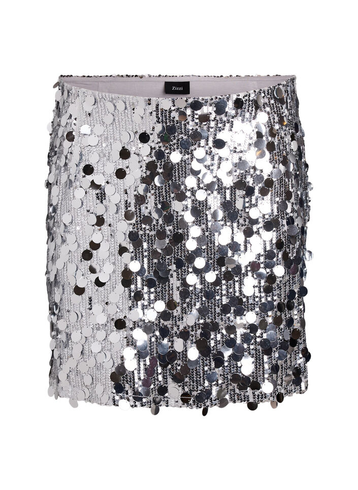 Short sequin skirt with an elasticated waistband, Silver, Packshot image number 0