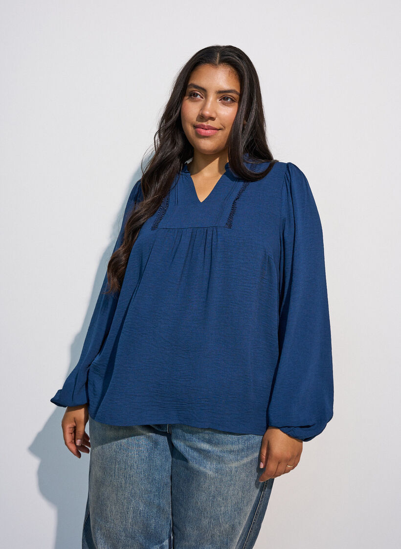 Blouse with V-neck and crochet band, Blue, Model image number 0