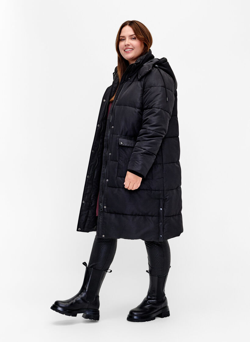 Long puffer jacket with pockets and hood, Black, Model image number 1