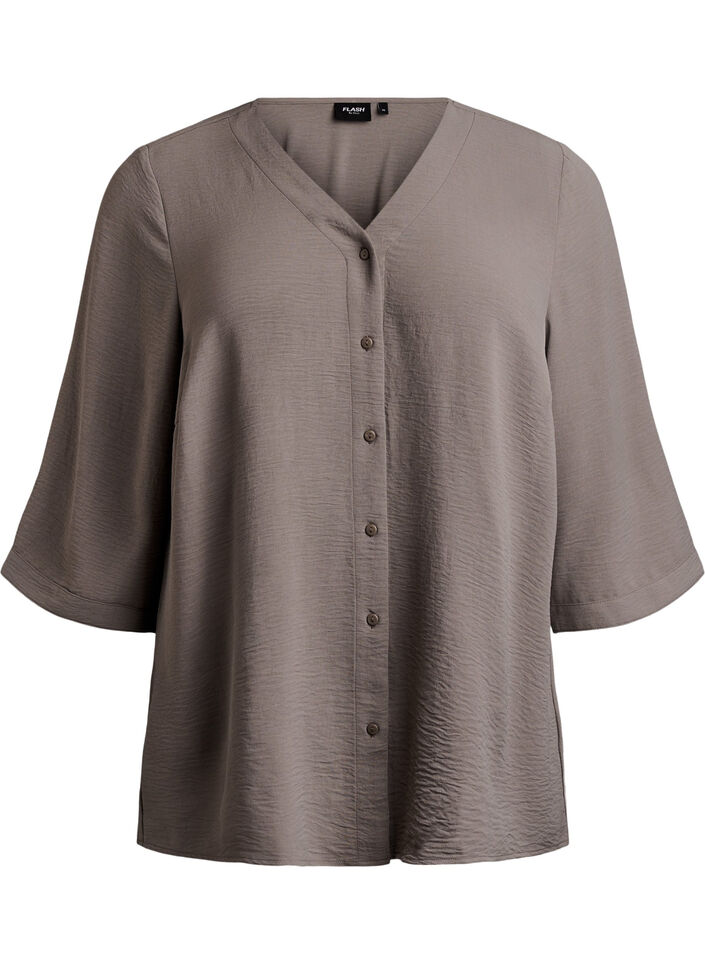 Shirt blouse with V-neck and 3/4 sleeves, Beige, Packshot image number 0