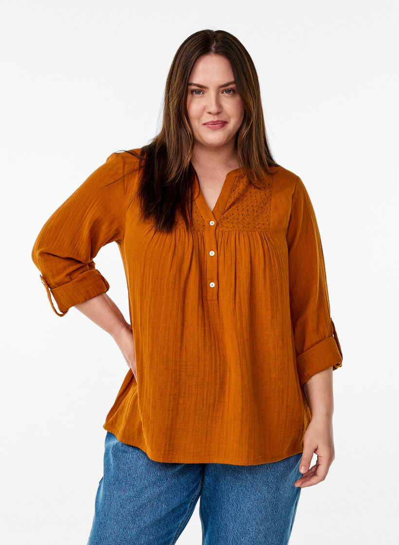 Blouse in cotton muslin with broderie anglaise, Orange, Model image number 0