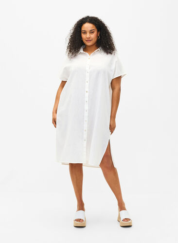 Long shirt in cotton blend with linen, Bright White, Model image number 0