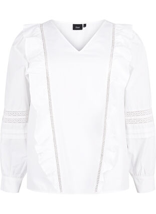 Blouse with ruffles and lace trim, Bright White, Packshot image number 0