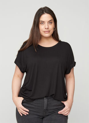 Round neck t-shirt made from a viscose mix, Black, Model image number 0