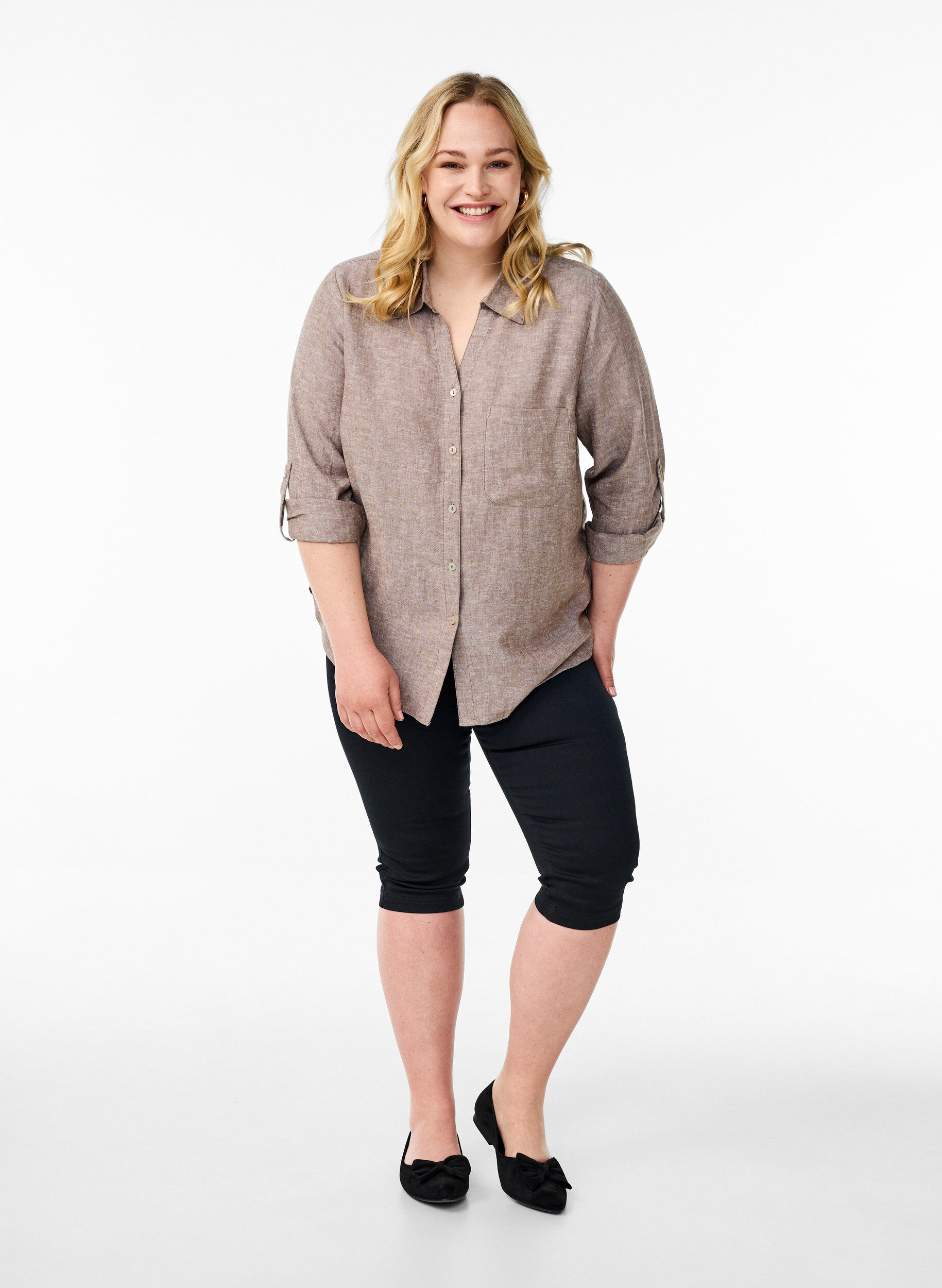 Zizzifashion Shirt in linen and viscose with 3/4 sleeves, Brown, Model image number 1