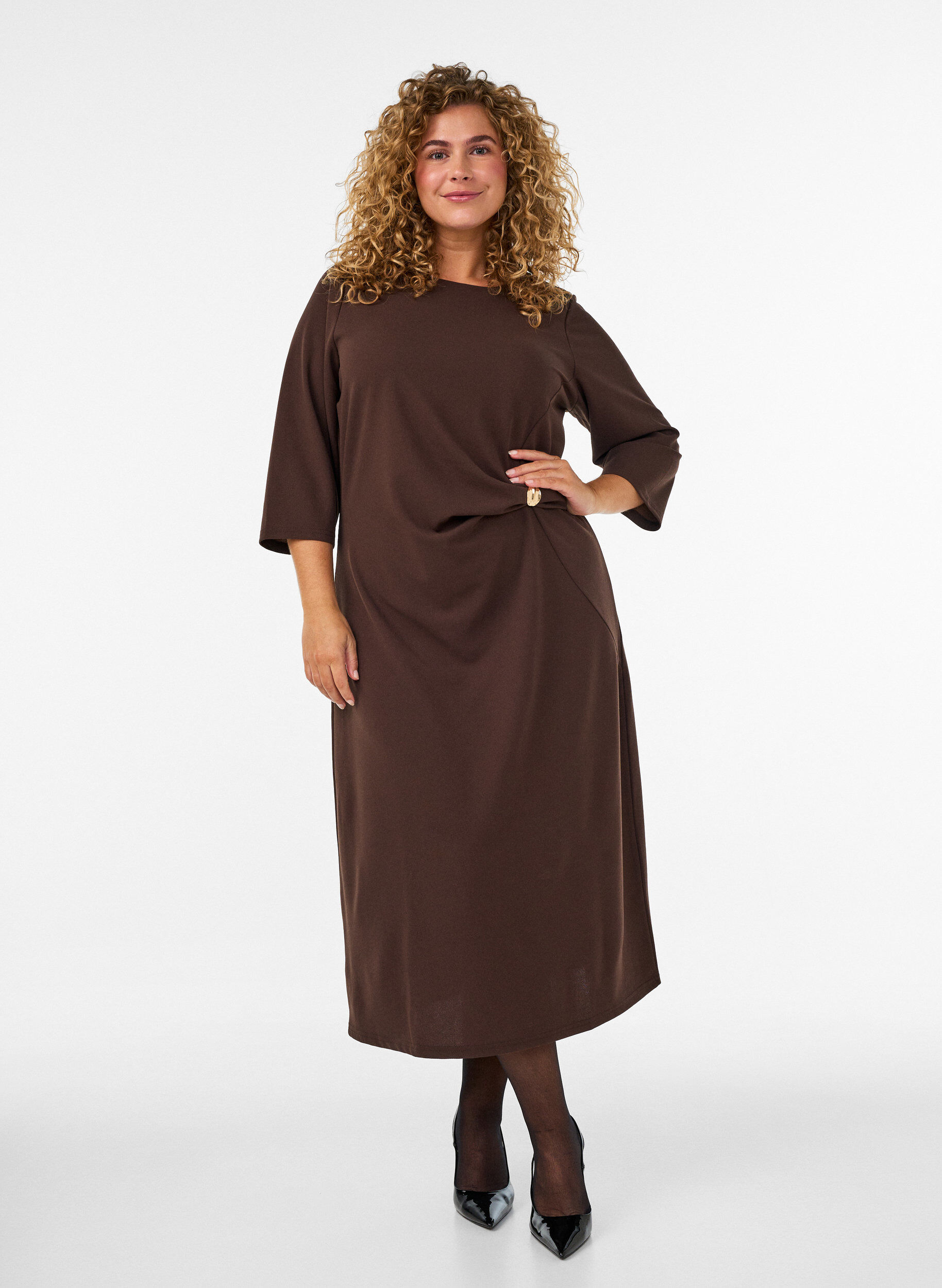 ZizzifashionJersey dress with draping and decorative buckle, Brown, Model image number 0