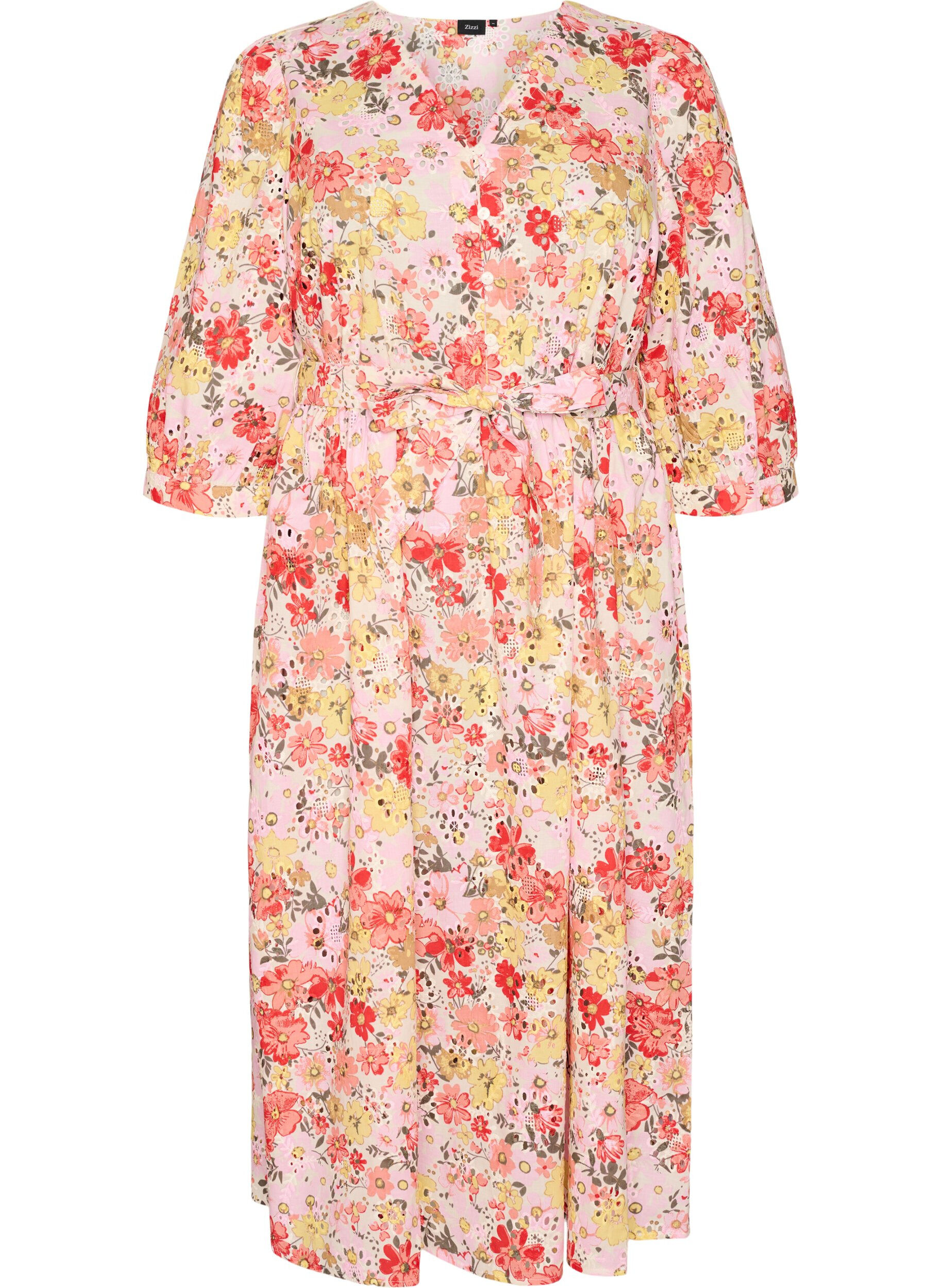 Zizzifashion Floral midi dress with broderie anglaise and a tie-belt, Rose, Packshot image number 0