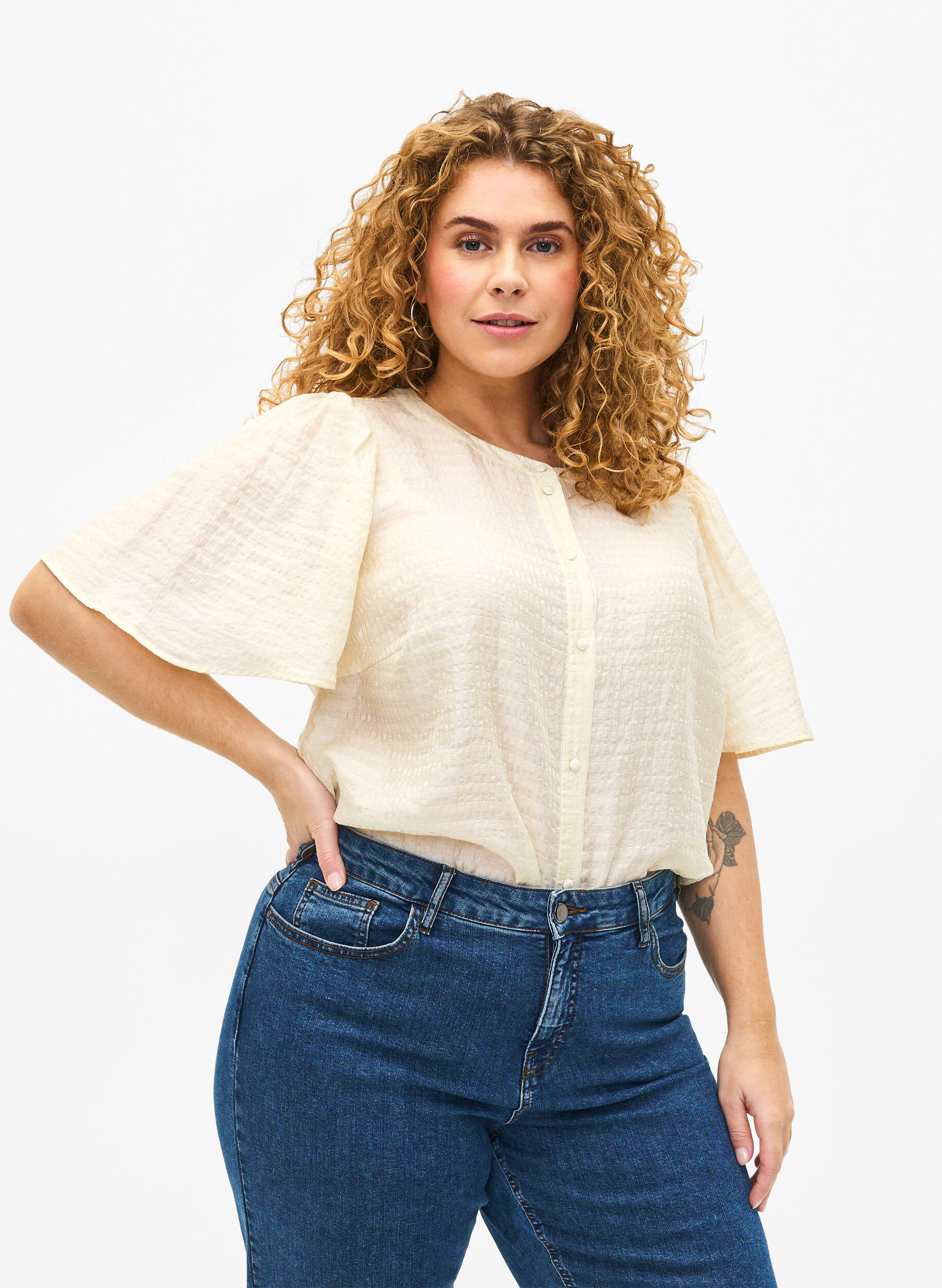 Zizzifashion Lyocell shirt blouse with texture, Antique White, Model image number 0