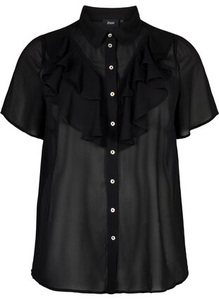 Short sleeve shirt blouse with ruffles, Black, Packshot image number 0